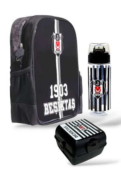 Beşiktaş Geantă de grădiniță cu licență, balon de apă de 500 ml și recipient pentru nutriție, set de 3 piese pentru școală cu bețișoare DDCQ 213091