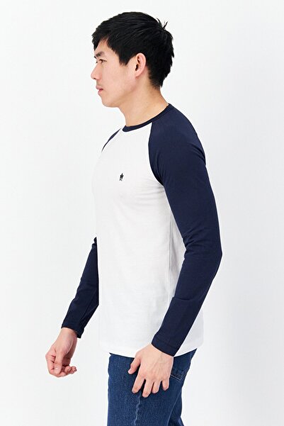 French Connection Men Crew Neck Long Sleeve Embroidered Logo T-Shirt, White/Navy