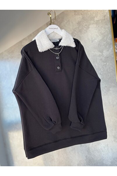modabetce Standard Size Oversize Women's Sweatshirt with Fur Collar