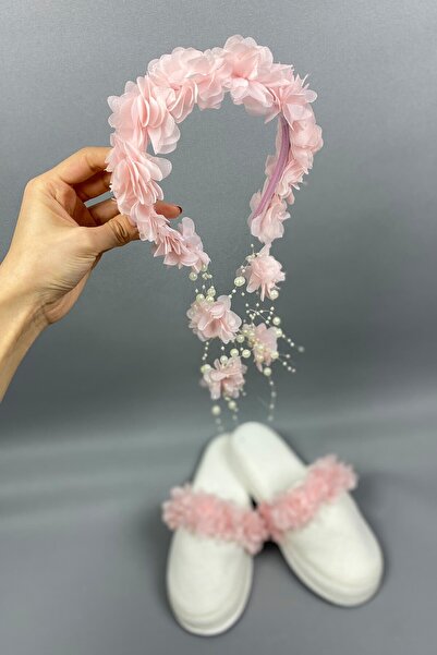 Hayalperest boncuk Pudra Lazer Çiçekli İncili Taç ve Lohusa Terlik Seti