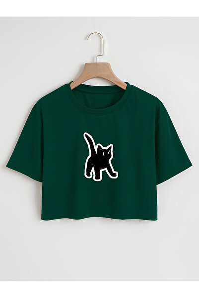 Ginevra Ženska majica kratkih rukava sa širokim izrezom i printom crne mačke