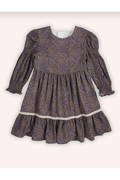Hzmis Printed Long Sleeve Vintage Style Girl's Dress with Crew Neck