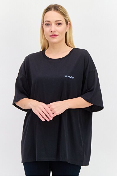 WRANGLER تي شيرت نسائي بأكمام قصيرة ورقبة دائرية وشعار العلامة التجارية، أسود
