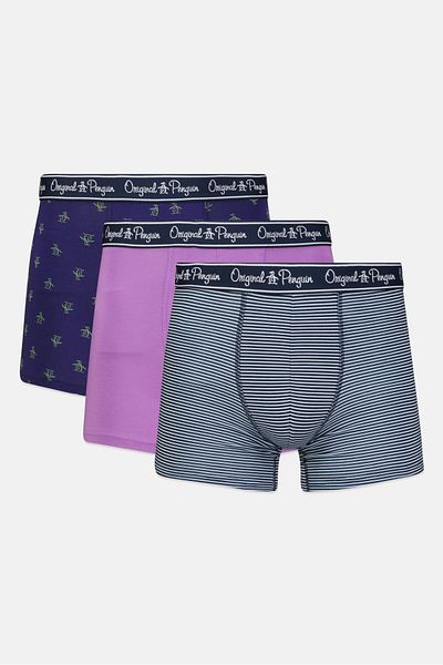 Original Penguin مجموعة من 3 سراويل بوكسر مطبوعة للرجال، أزرق داكن/أرجواني/أزرق