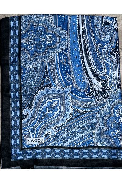 İpekseli Şal din bumbac cu model Etro - Albastru Negru Mătăsos