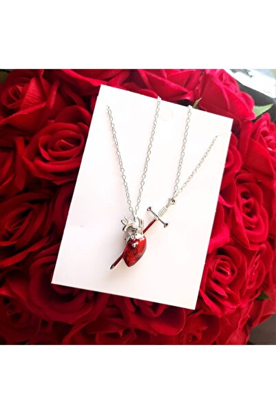 Herşey Nota Kalbimin İçindesin Kalp Renkli Çift Kolye Seti, Kalp Kılıç Kolye ...