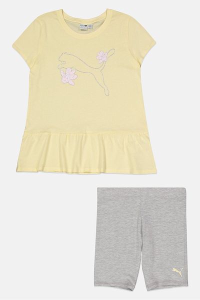 Puma Kids Girl 2 Pieces Brand Logo Top And Short Set, Yellow/grey
