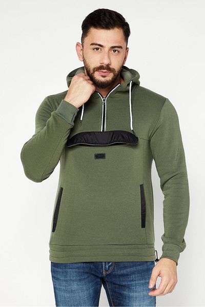 Modern Culture Men Long Sleeve Half Zip Fleece Hoodies, Olive/black