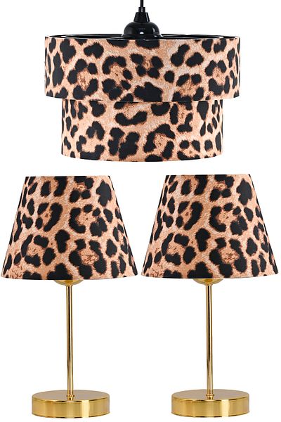 EvLight Triple Leopard Patterned Chandelier and Double Gold Metal Lampshade