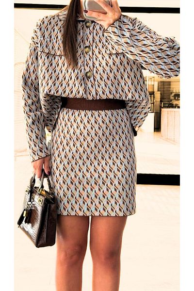 STLB Brown-Blue Knitwear Set with Shirt and Mini Skirt