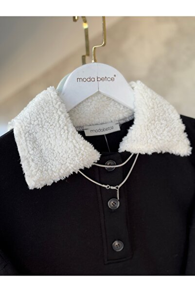 modabetce Standard Size Oversize Women's Sweatshirt with Fur Collar