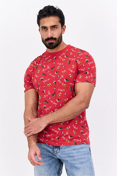Jules Men Crew Neck Short Sleeve Christmas Print T-shirts, Red Combo
