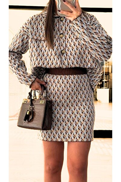 STLB Brown-Blue Knitwear Set with Shirt and Mini Skirt