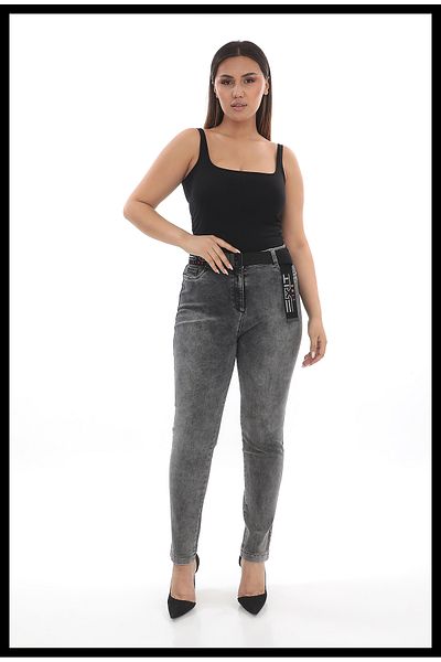 EXİTLİNE Women's Belted-Embroidered Black Orange Denim Jeans