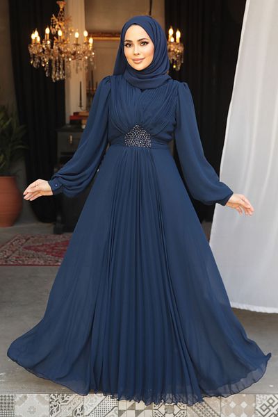 Neva Style Βραδινό φόρεμα Hijab Navy Blue με λεπτομέρεια ντραπέ 4448l