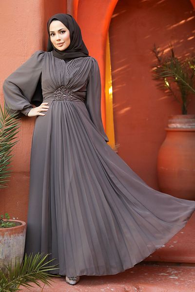 Neva Style Drape Detailed Brown Hijab Evening Dress 4448Kh