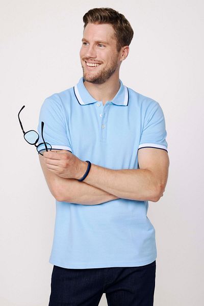 Tudors Tricou pentru bărbați, slim fit, 100% bumbac, cu mâneci piqué, cu dungi albastre, cu guler polo