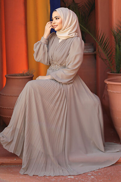 Neva Style Drape Detailed Mink Hijab Evening Dress 4448V