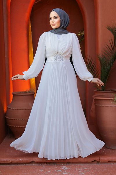 Neva Style Rochie de seară hijab albă cu detaliu drapat 4448b
