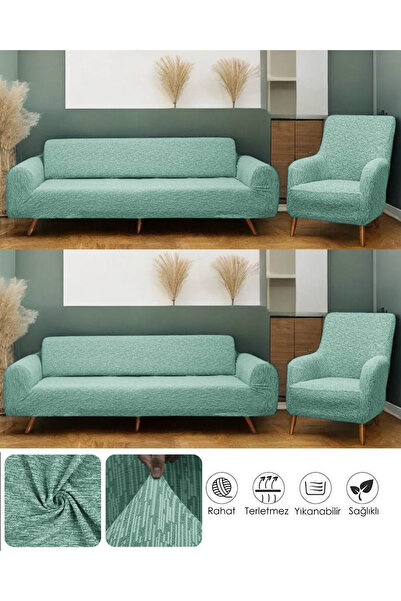 MADAME BELLA Jakarlı Çubuk Desen 3-2-1-1 Lastikli Esnek Yıkanabilir Koltuk Ör...