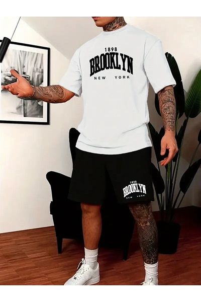 Minikelya Summer Men's Set Fashion T-Shirt and Sports Shorts Two Pieces