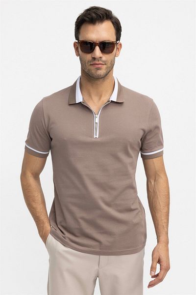 Tudors Ανδρικό T-Slim Fit Slim Fit 100% βαμβακερό απλό πικέ μπλουζάκι με γιακά μινκ με φερμουάρ