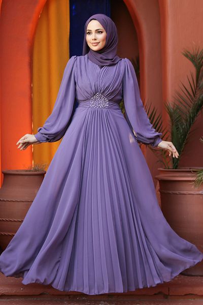 Neva Style Drape Detailed Lilac Hijab Evening Dress 4448Lıla