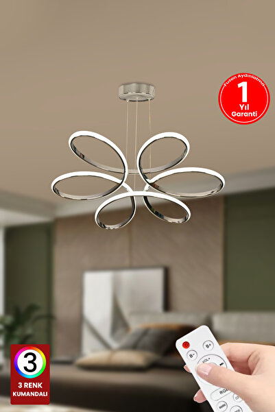 FUZON Orkide Medium 3 Renk Kumandalı Led Avize Gümüş Salon Avize Salon Avize Oturma Odası Avize