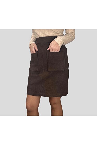 ABAS Kahverengi Kaşe Kumaş Yüksek Bel Önden Cepli Diz Üstü Mini Etek