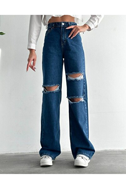 Trn JNS Dark Blue Criss Denim - Ripped, High Waist, Loose Leg Palazzo Pants