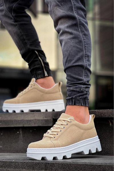 BPM KB-056 Μπεζ Suede Λευκή Ψηλή Σόλα Casual Αθλητικά Παπούτσια