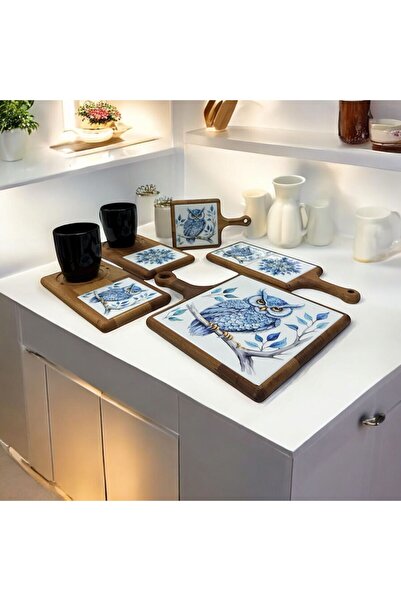 AYGEN HANDMADE SERVİS SUNUM SET BAYKUŞ SERİSİ TAKIM SERAMİK MASİF KAYIN AĞACI