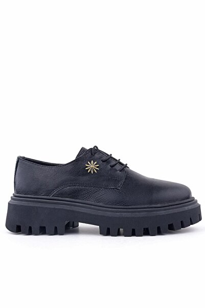 Rakerplus Black Wrinkled Genuine Leather Laced Buckle Detailed Girls' Oxford Shoes