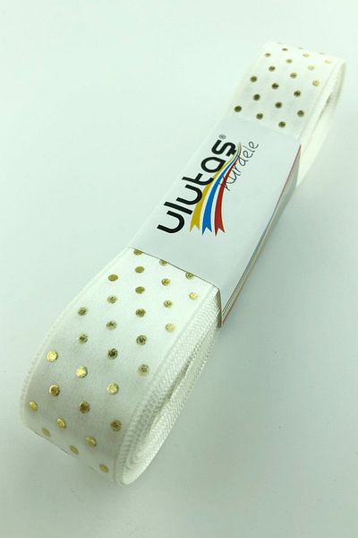 Hayalperest boncuk Panglică de satin imprimată cu foi de aur cu buline 2,5 cm