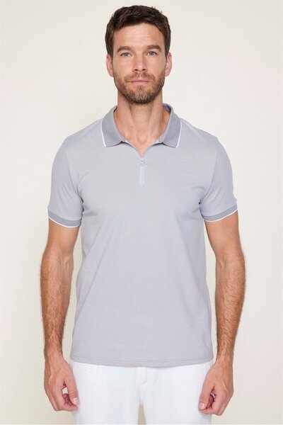 Tudors Ανδρικό μπλουζάκι Slim Fit Slim Fit Βαμβακερό μπλουζάκι με φερμουάρ γκρι γιακά πόλο