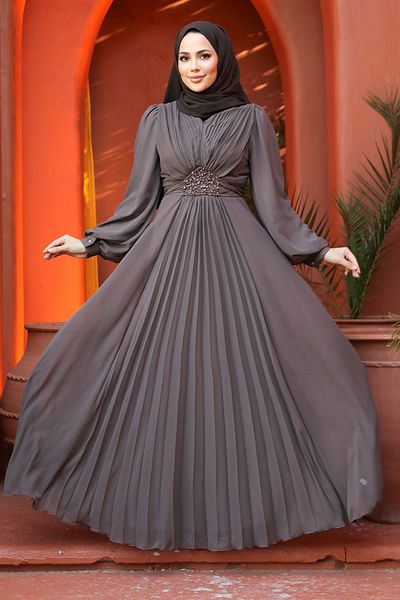 Neva Style Drape Detailed Brown Hijab Evening Dress 4448Kh