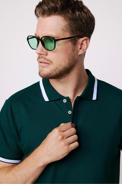 Tudors Ανδρικό μπλουζάκι Slim Fit Slim Fit 100% βαμβακερό απλό μανίκι πικέ με ριγέ πράσινο γιακά πόλο μπλουζάκι