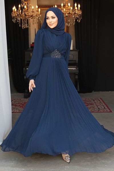 Neva Style Drape Detailed Navy Blue Hijab Evening Dress 4448L