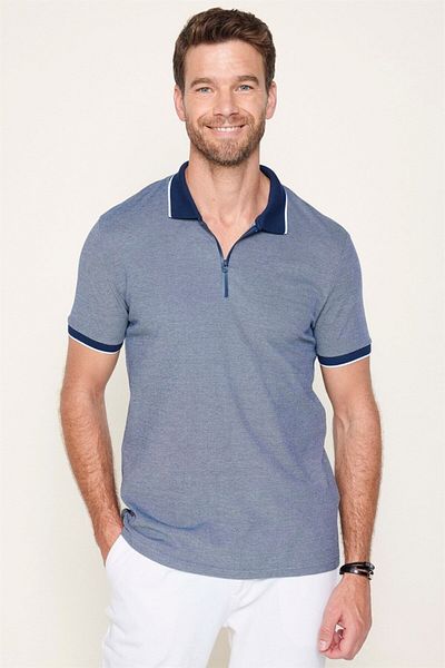 Tudors Tricou pentru bărbați, slim fit, din bumbac, cu fermoar, albastru marin, cu guler polo