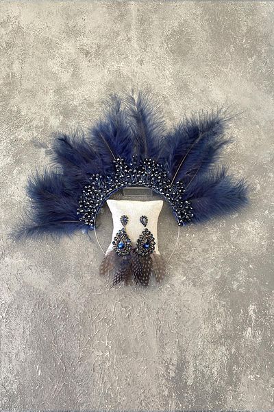 Hayalperest boncuk Coroană și cercei de mireasă cu mărgele de cristal Maya Feather albastru bleumarin
