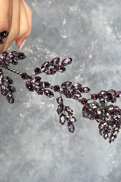Hayalperest boncuk Accesoriu de păr pentru mireasă cu coroană de henna cu motiv de frunze de beril violet