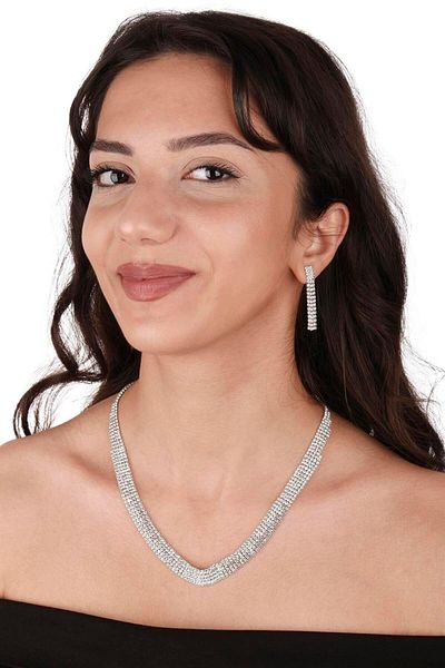 Hayalperest boncuk Linda Stoned Evening Dress and Necklace Earring Set - Thin Leaf Bridal Crown