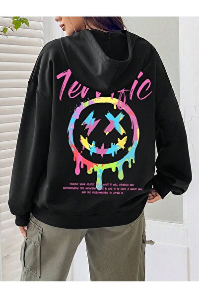 donamod Seria Coke Slogan & Expression Print Drop Shoulder Drawstring Hoodie