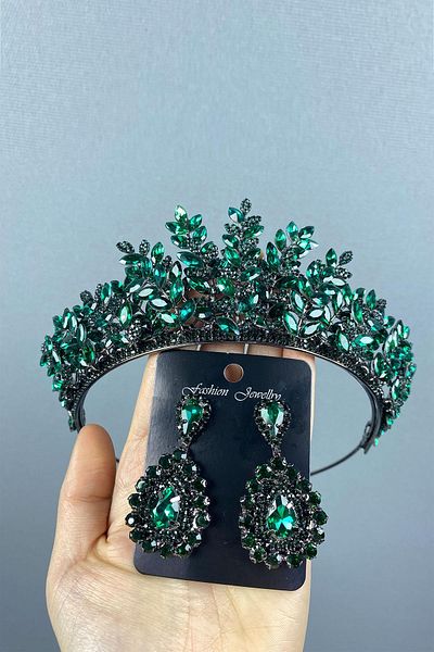 Hayalperest boncuk Ezel 3D Bridal Henna Crown and Drop Jewelled Earring Set