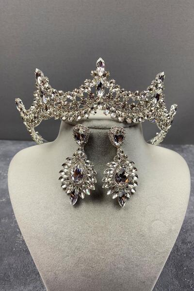 Hayalperest boncuk Bridal Crown and Drop Silver Venice Jewelled Earring Set