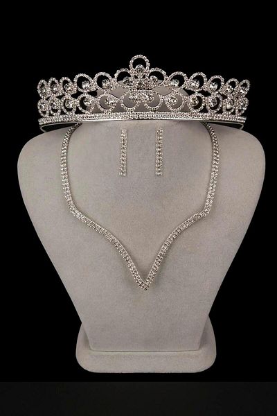 Hayalperest boncuk Vendi Crystal Jewelled Evening Dress Set - Necklace, Earrings and Flower Bridal Crown