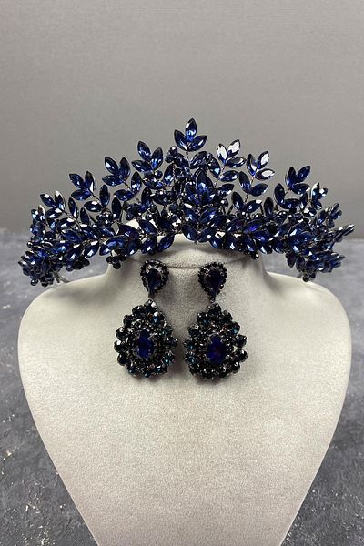 Hayalperest boncuk Navy Blue Asleny Bead Embroidered Bridal Henna Crown and Shuttle Stone Earring Set
