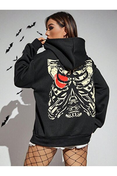 donamod Seria Coke PUNK Skeleton Print Drop Shoulder Drawstring Hoodie