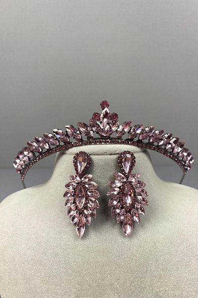 Hayalperest boncuk Pink Ece Bridal Henna Crown and Thin Shuttle Stone Earring Set