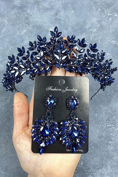 Hayalperest boncuk Navy Blue Asleny Bead Embroidered Bridal Henna Crown and Shuttle Earring Set